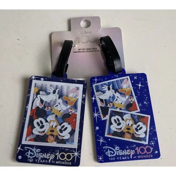 2 Pack DISNEY 100 Years Of Wonder Mickey And Friends LUGGAGE ID BAG TAGS NEW - Picture 1 of 9